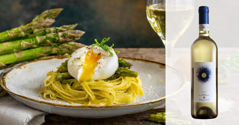 Nido di tagliolini con Uovo in Camicia e Asparagi e Famoso Sauvignon Blanc